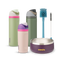 Family Bundle with accessories; two tall FreeSip water bottles in green and pink-mauve, a Kids Tumbler in pink-mauve with teal lid, a purple Pet Bowl with stainless rim, and a blue bottle brush