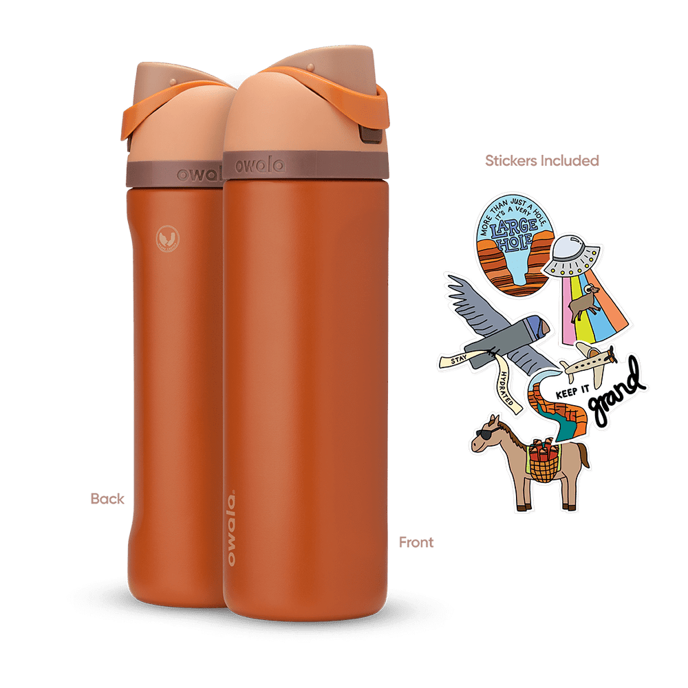 Great American Road Trip FreeSip 24oz in Grand Canyon, warm terracotta-orange body with peach flip cap, mauve carry loop, and brown lid accent band; back and front views shown with included national park-themed stickers featuring an eagle, horse, UFO, and "Keep It Grand" rainbow