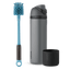 Starter Pack Bundle; gray FreeSip water bottle with gray flip cap, blue bottle brush with loop ring, and black silicone Bottle Boot