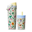 Owala Mother's Day Garden FreeSip Sway and Kids' Tumbler side by side; both in cream white with colorful garden print of flowers, strawberries, hummingbirds, bees, and a squirrel; FreeSip Sway has a yellow flip cap and light blue carry loop, Kids' Tumbler has a light blue lid and yellow straw