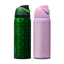 Owala Wicked 32oz FreeSip bundle showing two bottles side by side — deep emerald green Elphaba edition with geometric diamond-pattern texture and dark green flip cap, and shimmery iridescent lavender-pink Glinda edition with pink flip cap