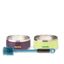 Owala Pet Bowl Bundle showing two stainless steel pet bowls — one deep purple with yellow Owala logo and one lime green with yellow Owala logo — alongside a teal-handled bottle brush with blue bristles
