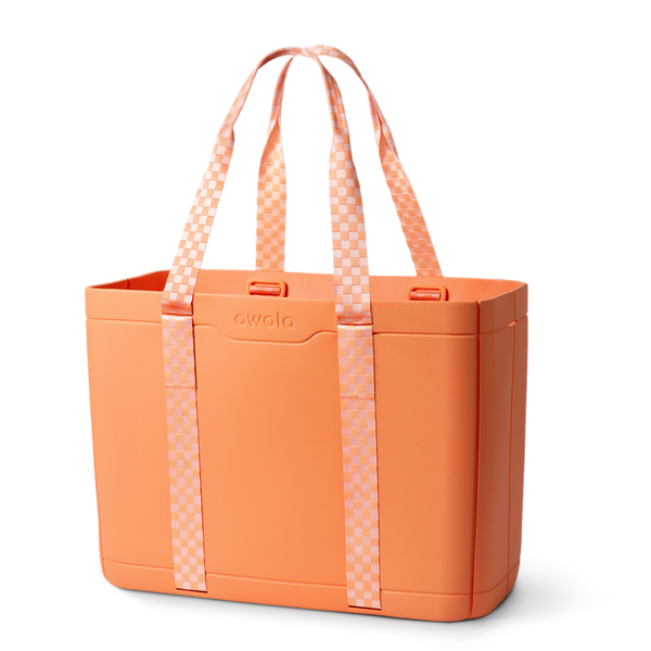 Sun-Day Collapsible Tote in Hot Tropic, solid coral orange tote bag with light pink checkerboard patterned carry loops and matching strap