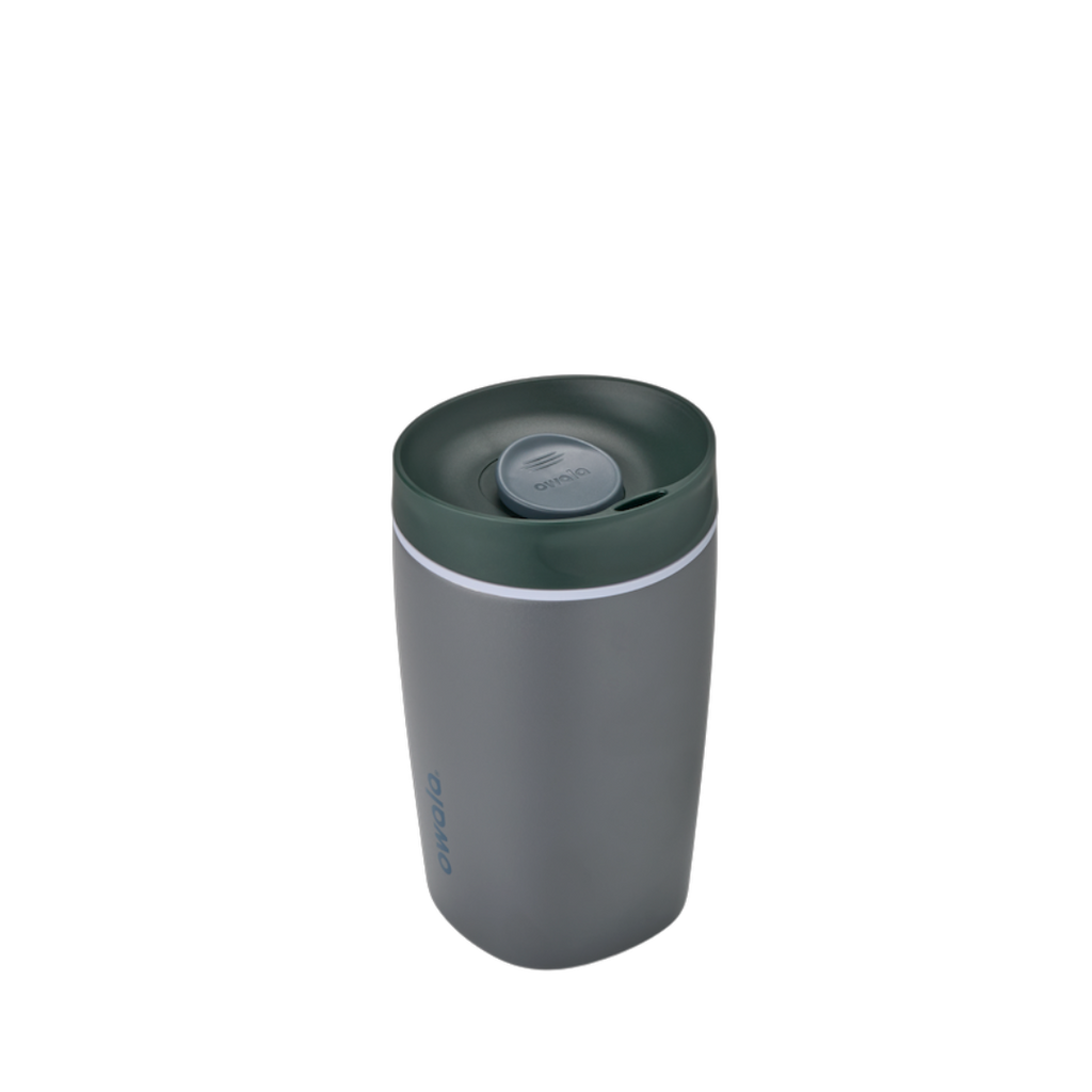 SmoothSip Slider 12oz, dark charcoal gray body with dark green lid