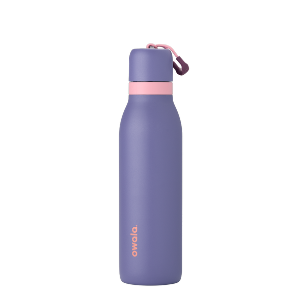 FreeSip Twist UK 18oz, medium purple insulated water bottle with pink accent band and coral carry loop