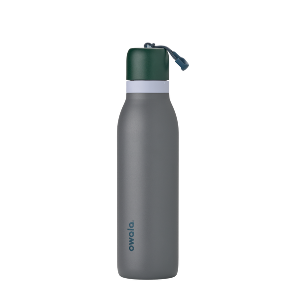 FreeSip Twist UK 18oz, slate gray insulated water bottle with dark forest green twist cap and gray carry loop