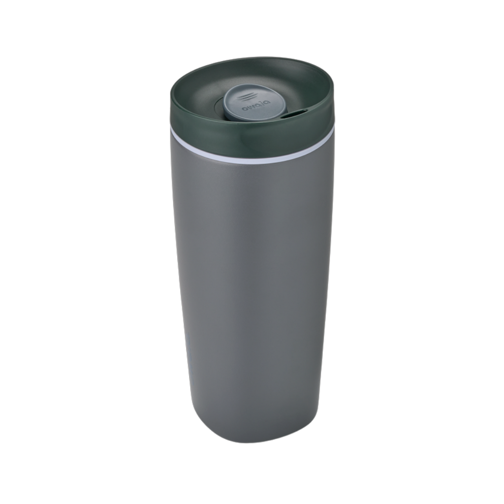 SmoothSip Slider 20oz in Off the Grid, dark charcoal grey body with dark green lid, light purple accent ring below the lid, and grey slider button
