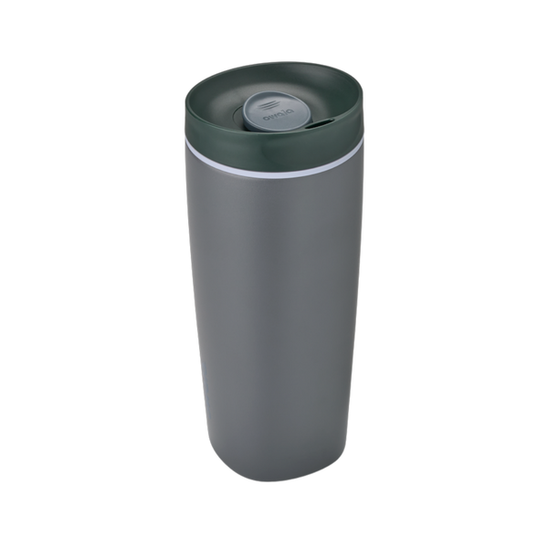 SmoothSip Slider 20oz in Off the Grid, dark charcoal grey body with dark green lid, light purple accent ring below the lid, and grey slider button
