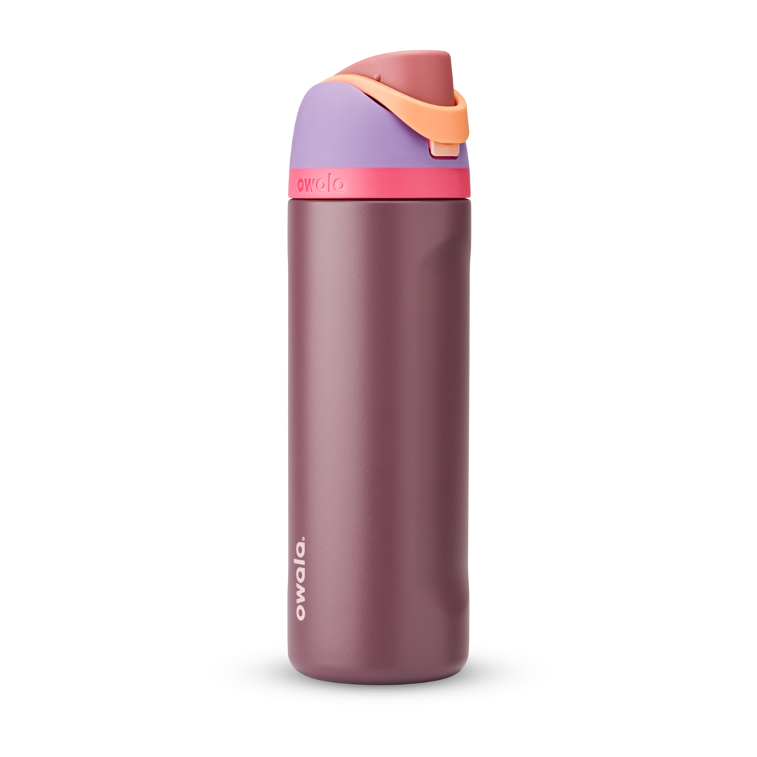 FreeSip 24oz in Lilac Dream, deep plum body with mauve flip cap, lavender lid, hot pink accent band, and orange carry loop Main image