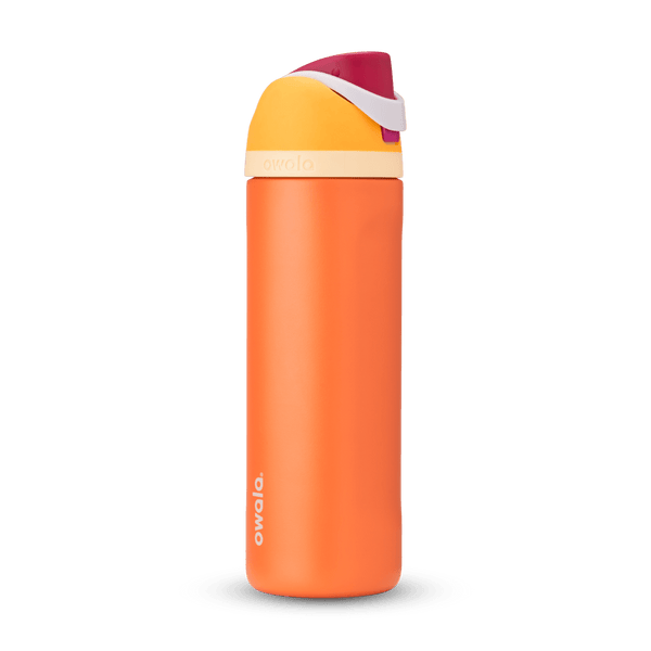 FreeSip 24oz in Citrus Crush, bright orange body with yellow flip cap, magenta carry loop, and cream accent band
