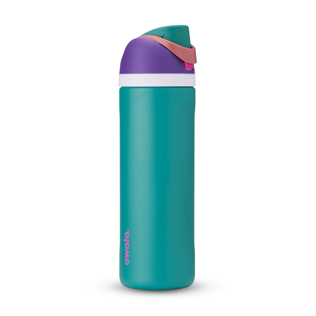 FreeSip 24oz in 80s Ski Slopes, teal body with purple flip cap, pink carry loop, white accent band, and pink logo