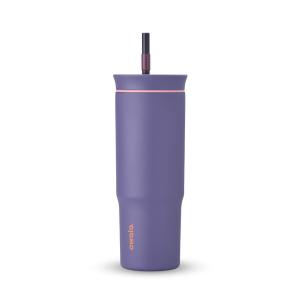 24oz Tumbler in Blue Jay, matte purple insulated tumbler with matching purple lid, light pink accent ring, and dark plum straw with mauve grip, peach Owala wordmark on front