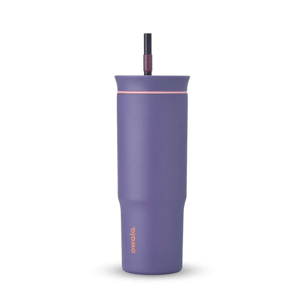 24oz Tumbler in Blue Jay — medium purple/blue-violet tumbler, purple lid with peach accent band, and purple straw