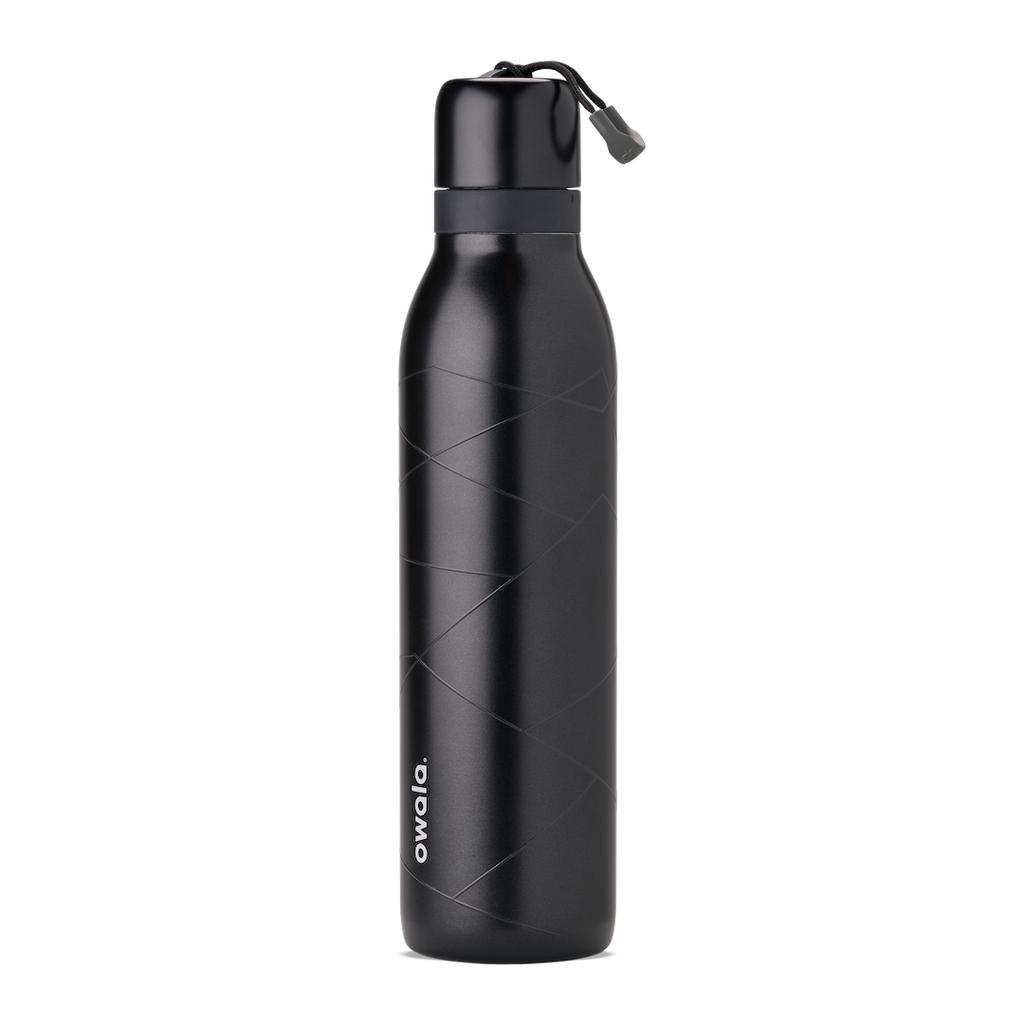 Owala Birthday Bash Lights Camera Action 24oz FreeSip Twist bottle in matte black with subtle tonal geometric line pattern, matching black twist cap, dark gray accent band, and black carry string with gray grip