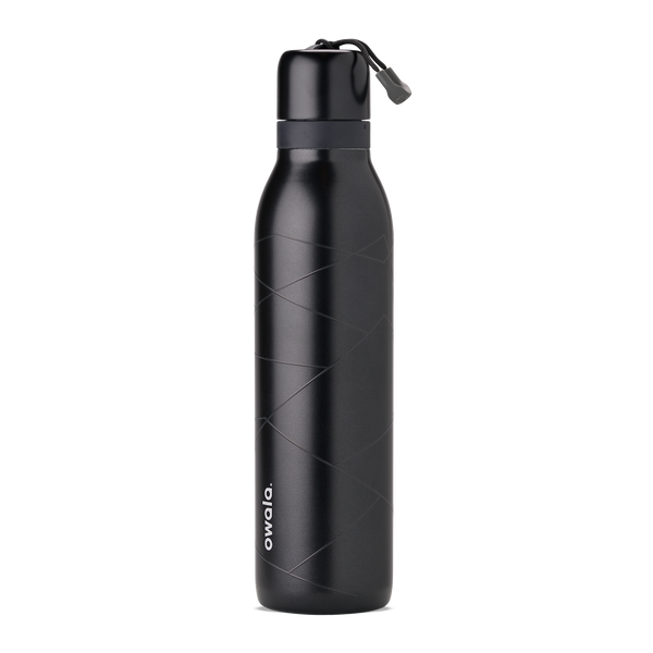 Owala Birthday Bash Lights Camera Action 24oz FreeSip Twist bottle in matte black with subtle tonal geometric line pattern, matching black twist cap, dark gray accent band, and black carry string with gray grip