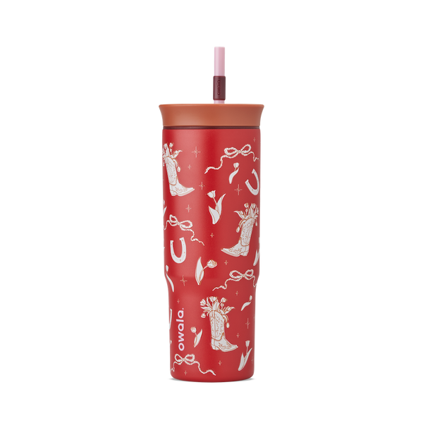 Owala Birthday Bash Marlu Giddy Up 24oz Tumbler in deep red with cream illustrated cowboy boots, horseshoes, ribbons, and stars, terracotta lid, and pink straw