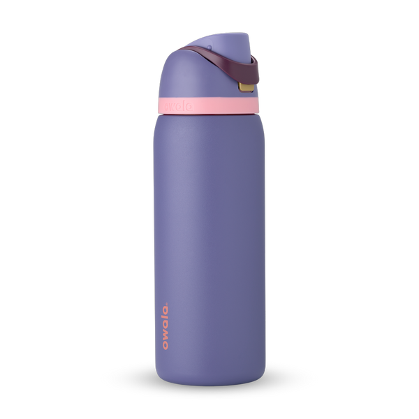 FreeSip 32oz in Blue Jay, dusty purple body with matching purple flip cap, dark burgundy carry loop, and light pink accent band