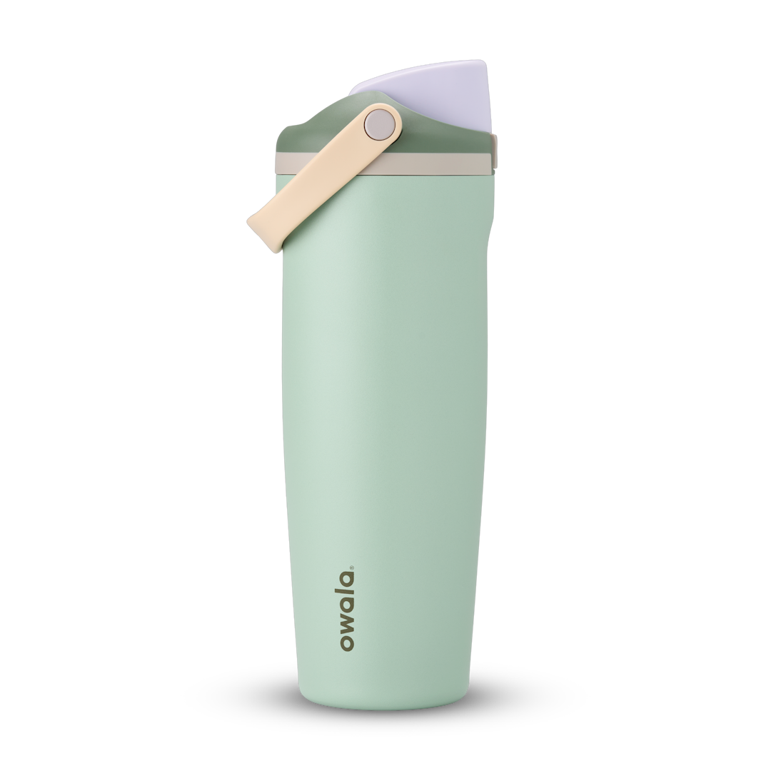 FreeSip Sway 32oz in Eucalyptus, sage green insulated water bottle with sage green flip cap, cream tan carry loop and lavender lid interior, lid open Main image