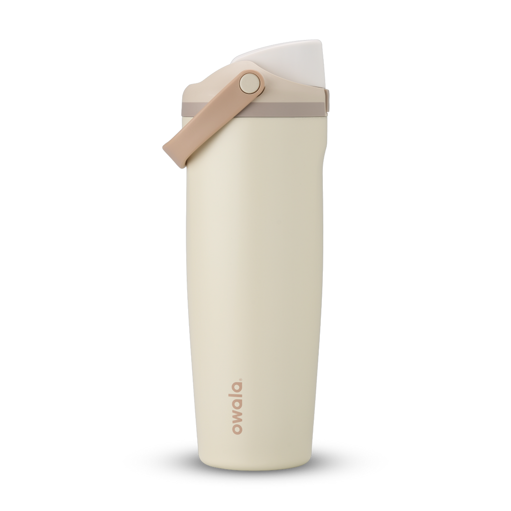 FreeSip Sway 32oz in Lightly Toasted, cream off-white insulated water bottle with white flip cap, tan carry loop and pale taupe accent, lid open