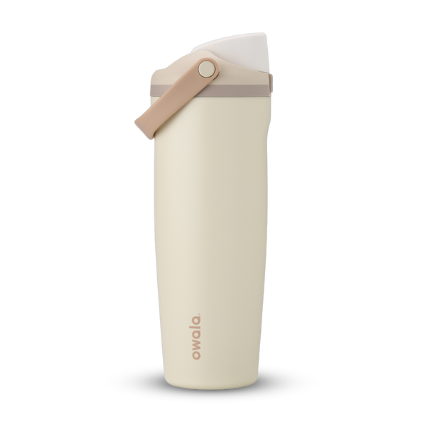 FreeSip Sway 32oz in Lightly Toasted, cream off-white insulated water bottle with white flip cap, tan carry loop and pale taupe accent, lid open