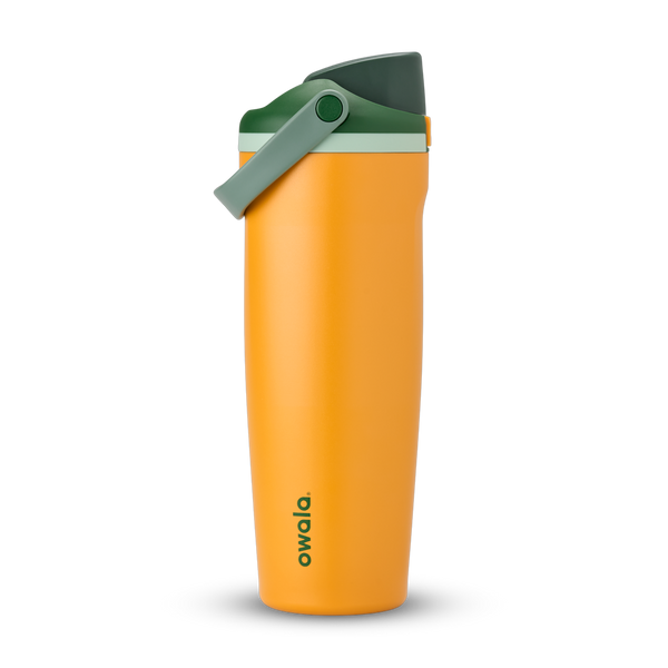 FreeSip Sway 32oz in Orange Grove, bright orange insulated water bottle with dark forest green flip cap, sage green carry loop and pale mint accent, lid open