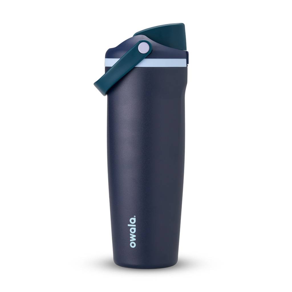 FreeSip Sway 32oz in Sea Captain, deep navy blue insulated water bottle with teal flip cap, navy carry loop and pale blue accent, lid open