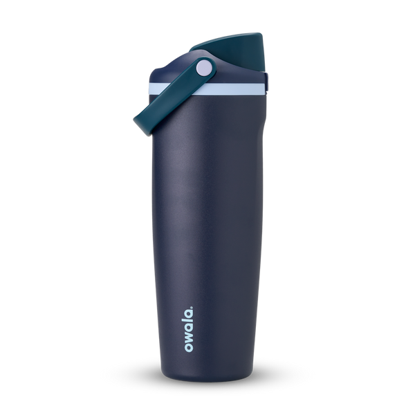 FreeSip Sway 32oz in Sea Captain, deep navy blue insulated water bottle with teal flip cap, navy carry loop and pale blue accent, lid open