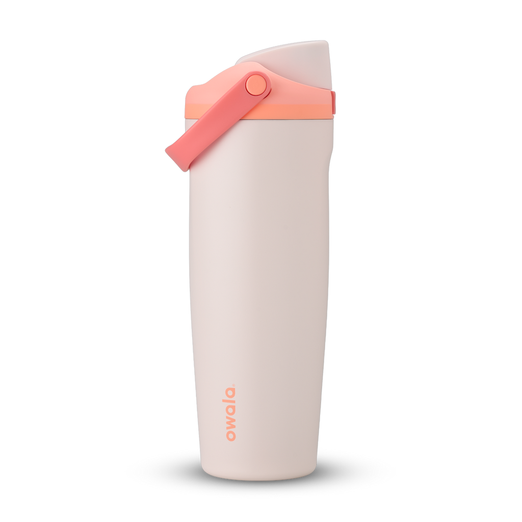 FreeSip Sway 32oz in Sparkling Sherbet, pale blush pink insulated water bottle with light pink flip cap, coral pink carry loop and bright coral accent, lid open