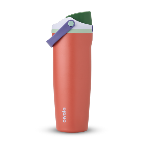 FreeSip Sway 32oz, terracotta orange tumbler with dark green and lavender accent lid