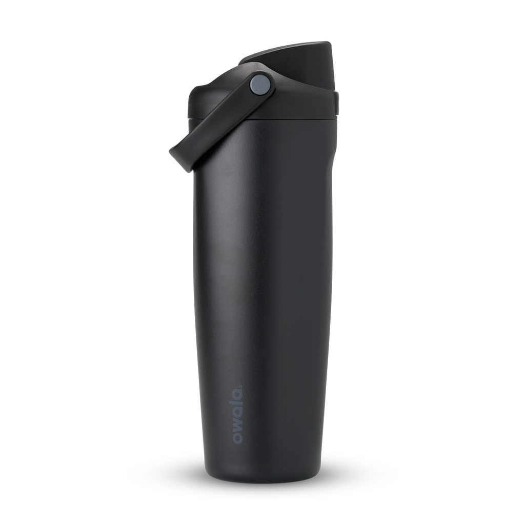 FreeSip Sway 32oz in Very Very Dark, all-black insulated water bottle with matching black flip cap and carry loop, lid open