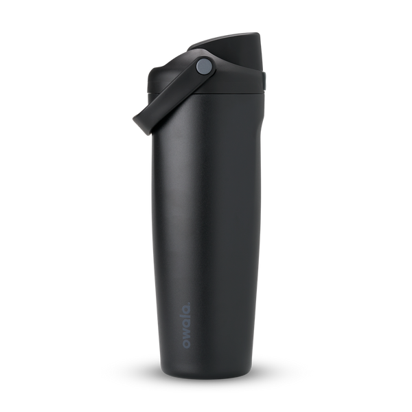 FreeSip Sway 32oz, matte black tumbler with black flip cap and dark carry loop; monochrome finish
