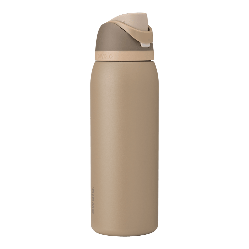 FreeSip 40oz in Down to Earth, warm sand/tan body with matching tan flip cap and carry loop