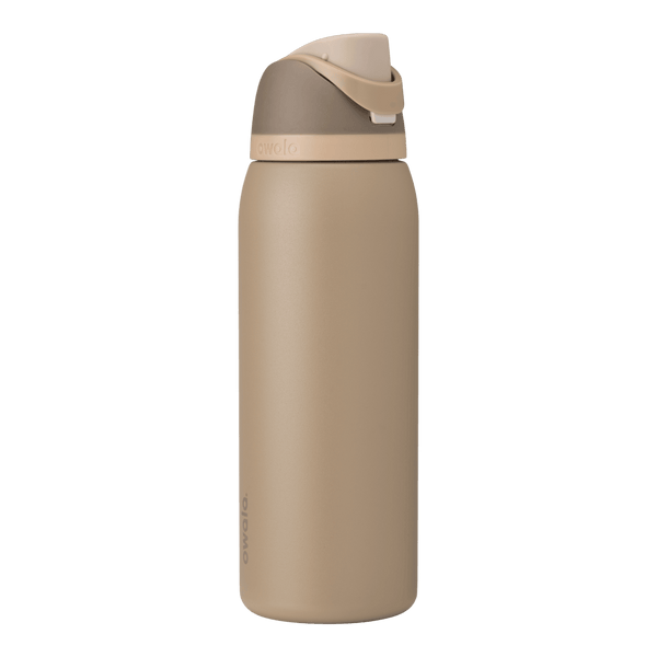 FreeSip 40oz in Down to Earth, warm sand/tan body with matching tan flip cap and carry loop