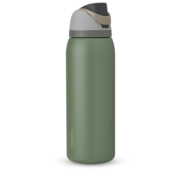 FreeSip 40oz in Green House, olive green body with light gray lid, tan carry loop, and dark gray flip cap