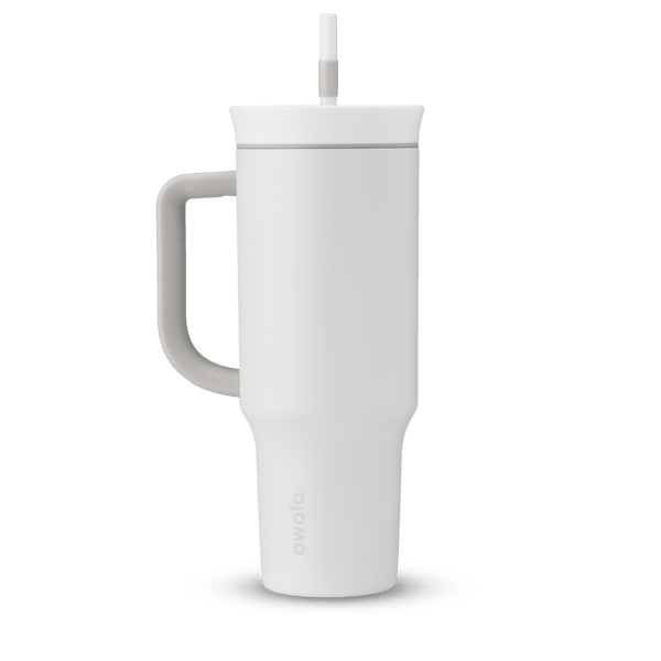 40oz Tumbler in Shy Marshmallow, off-white insulated tumbler with matching pale handle, lid, and straw