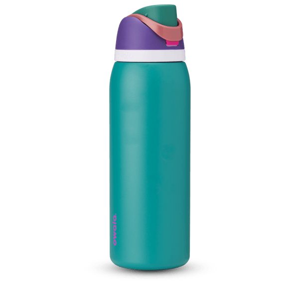 FreeSip 40oz in 80s Ski Slopes, teal body with purple flip cap, pink carry loop, white accent band, and pink logo