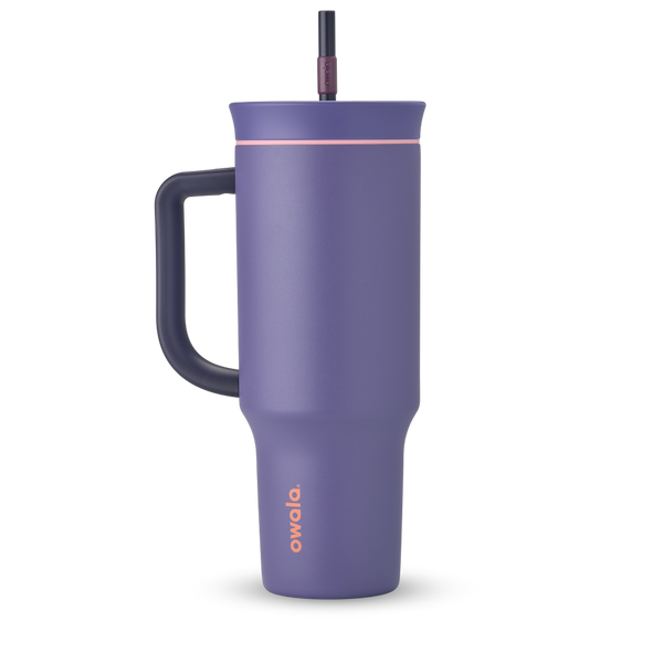 40oz Tumbler in Blue Jay, deep periwinkle purple insulated tumbler with navy handle, matching purple lid with coral accent ring, and dark straw with burgundy grip