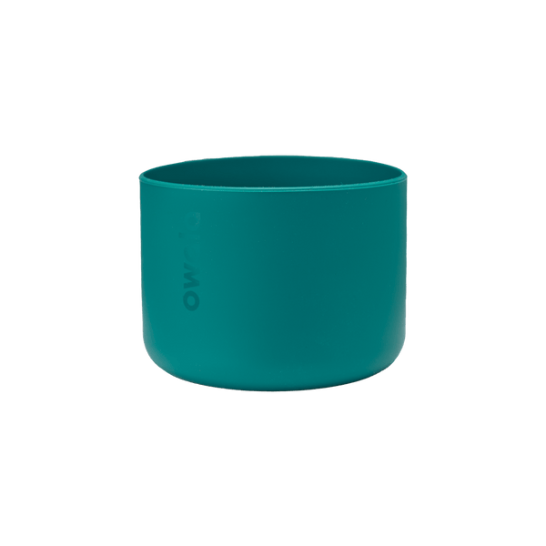 Bottle Boot 40oz in teal green silicone; wide cylindrical form with Owala wordmark