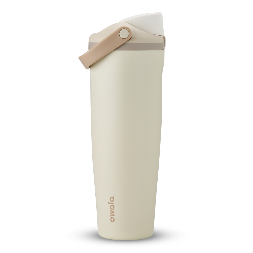 FreeSip Sway 40oz in Lightly Toasted, cream off-white insulated water bottle with white flip cap, tan carry loop and pale taupe accent, lid open