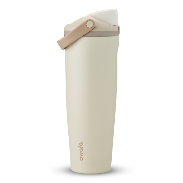 FreeSip Sway 40oz in Lightly Toasted, cream off-white insulated water bottle with white flip cap, tan carry loop and pale taupe accent, lid open