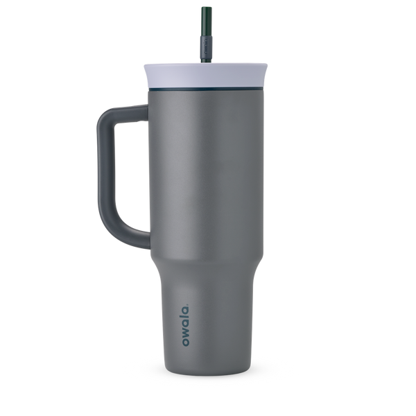 40oz Tumbler in Off the Grid, slate grey insulated tumbler with darker grey handle, pale lavender lid with navy accent ring, and dark green straw