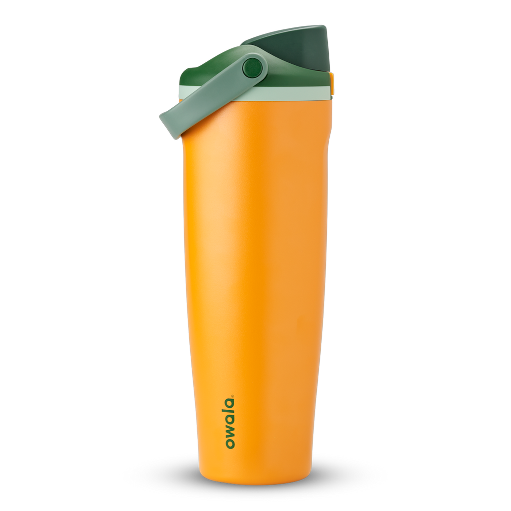 FreeSip Sway 40oz, bright golden yellow tumbler with olive green flip cap; taller 40oz silhouette