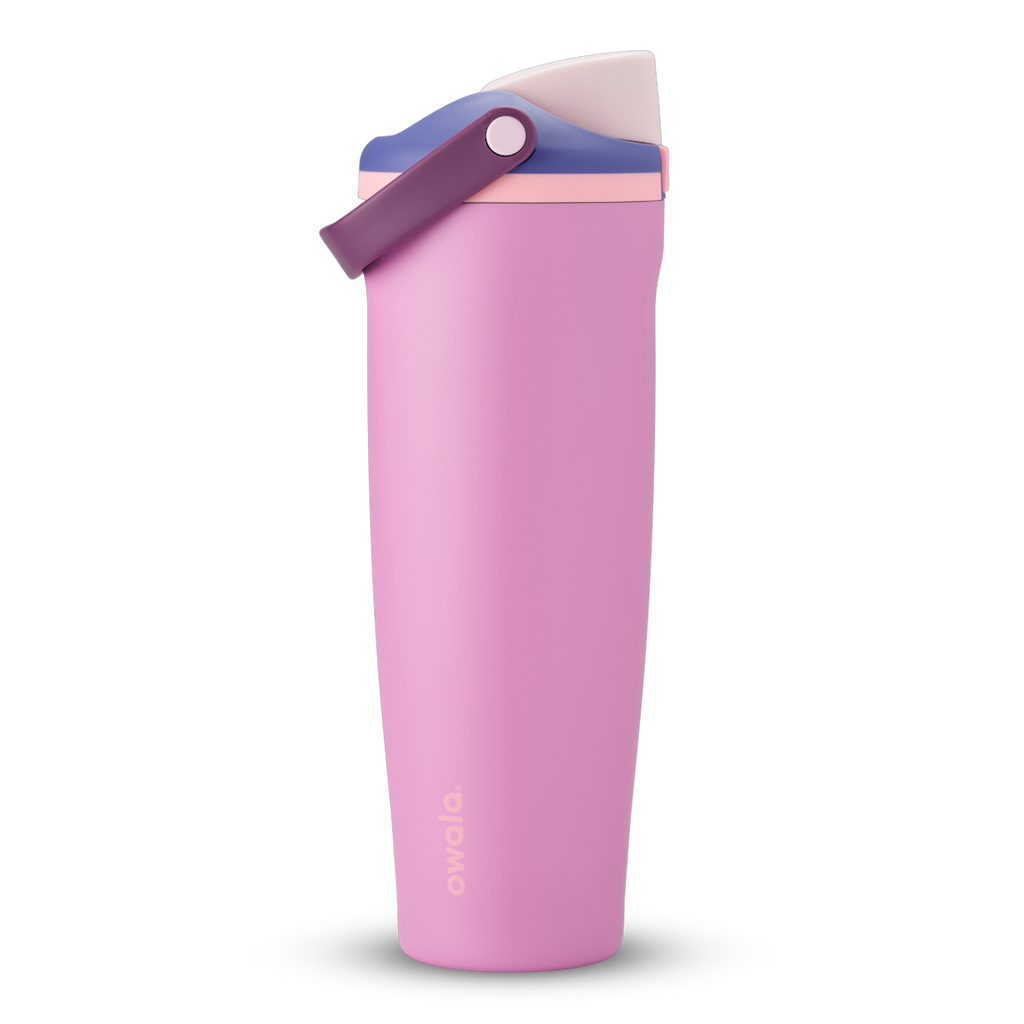 FreeSip Sway 40oz in Pretty in Purple, soft pink insulated water bottle with violet purple flip cap, deep purple carry loop and pale pink accent, lid open
