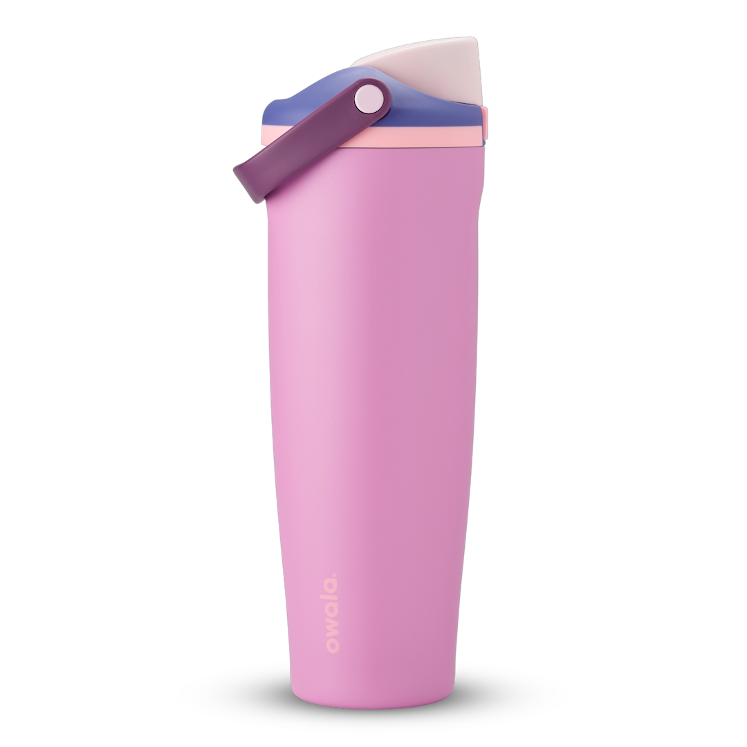 FreeSip Sway 40oz, soft lilac pink tumbler with purple and blush accent lid; taller 40oz silhouette