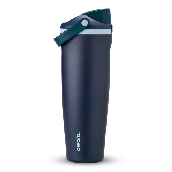 FreeSip Sway 40oz in Sea Captain, deep navy blue insulated water bottle with teal flip cap, navy carry loop and pale blue accent, lid open