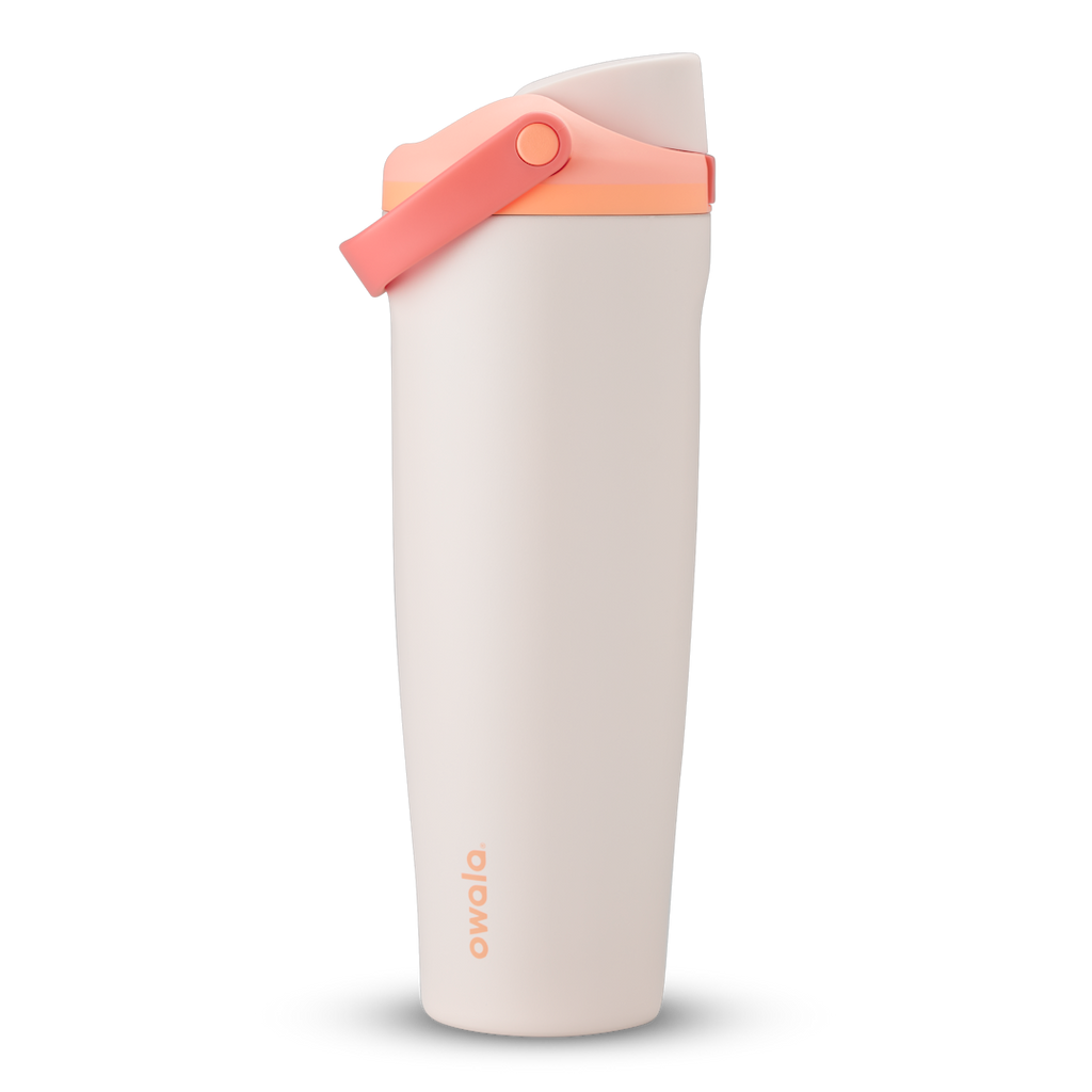 FreeSip Sway 40oz, light cream white tumbler with coral peach flip cap and carry loop; taller 40oz