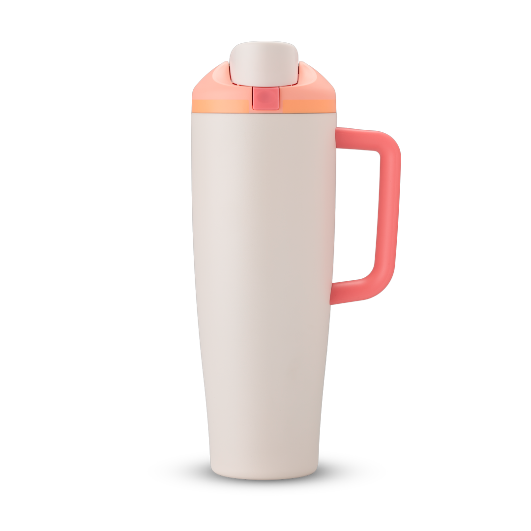 FreeSip Tumbler 40oz Sparkling Sherbet, cream body with peach orange flip cap, pink push-button, cream lid, and coral pink handle Main image