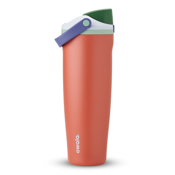 FreeSip Sway 40oz in Summer Harvest, terracotta orange insulated water bottle with dark green flip cap, lavender purple carry loop and mint green accent, lid open