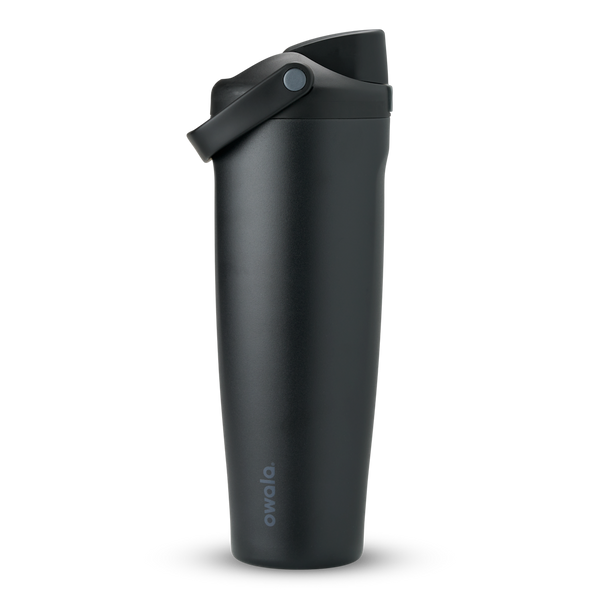 FreeSip Sway 40oz in Very Very Dark, all-black insulated water bottle with matching black flip cap and carry loop, lid open