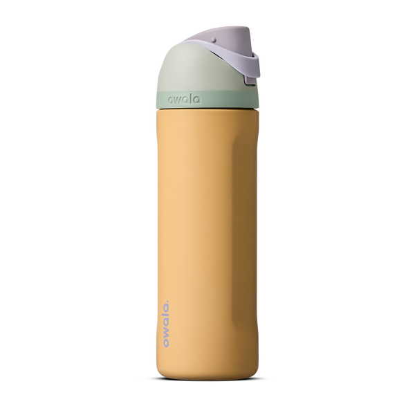 FreeSip 24oz in Beachfront, warm golden yellow insulated bottle with mint green accent band, lavender flip cap, and lavender carry loop